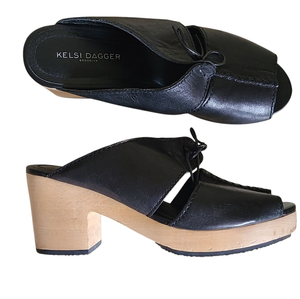 Kelsi Dagger Black Leather Mules with Wooden Heel